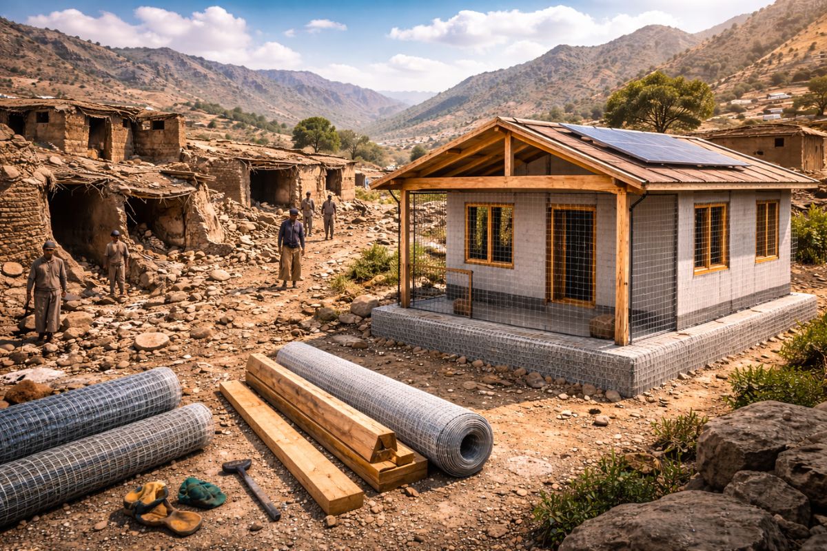 Terremotos varrem vilarejos de barro no Afeganistão, mas novo modelo de casa com madeira, telas de aço e até cerca plástica promete multiplicar a resistência