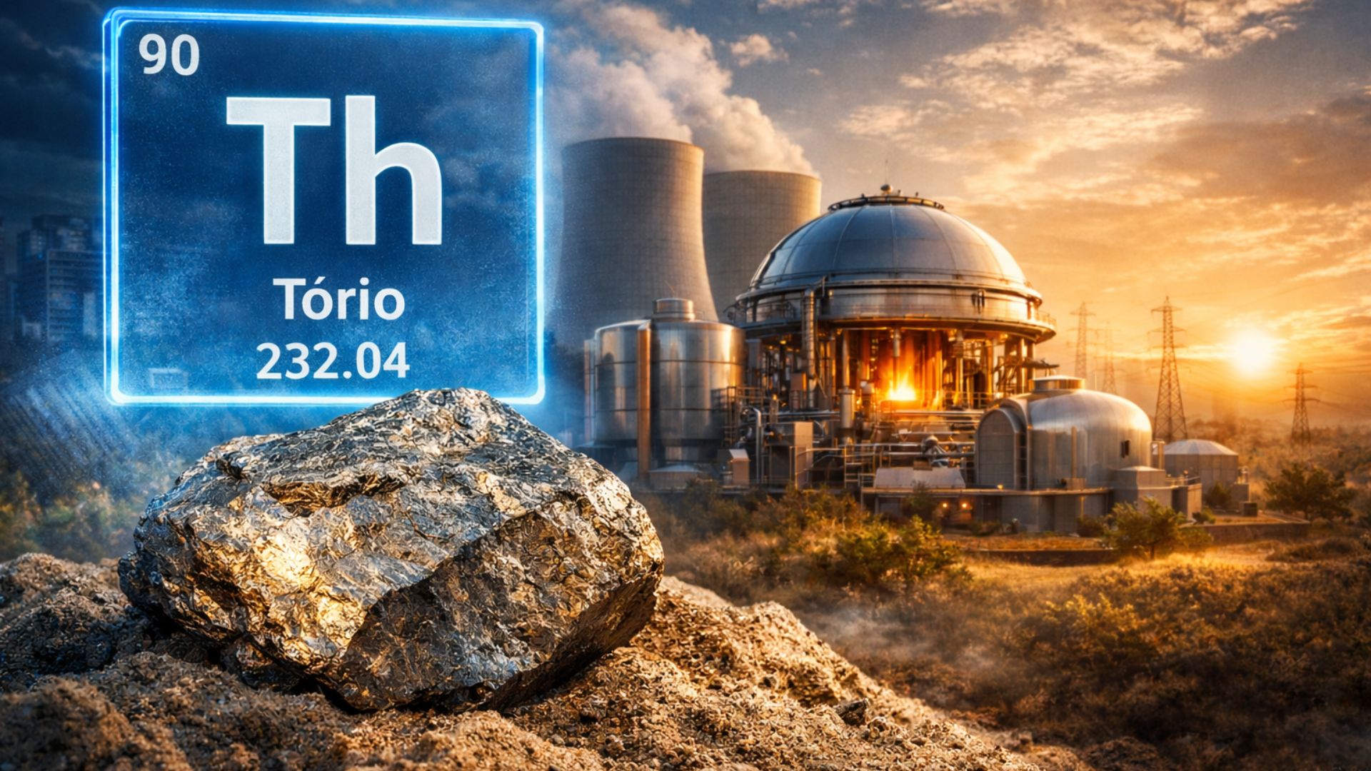 Ilustração realista mostra o elemento Tório na tabela periódica ao lado de uma amostra mineral e de um reator nuclear moderno ao fundo.