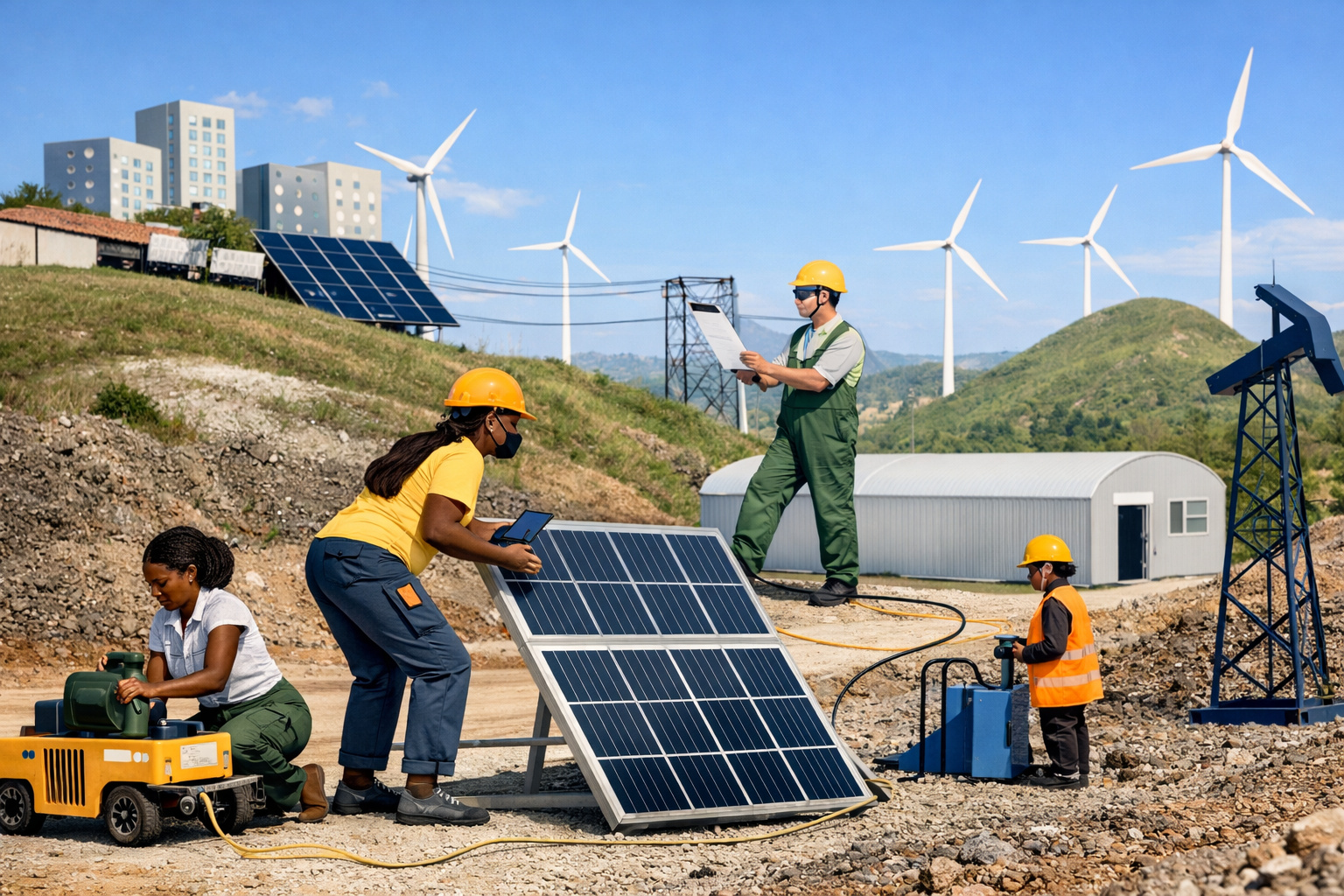 Trabalhadores instalando e monitorando painéis solares e turbinas eólicas em um parque de energia renovável sob céu azul em área rural.