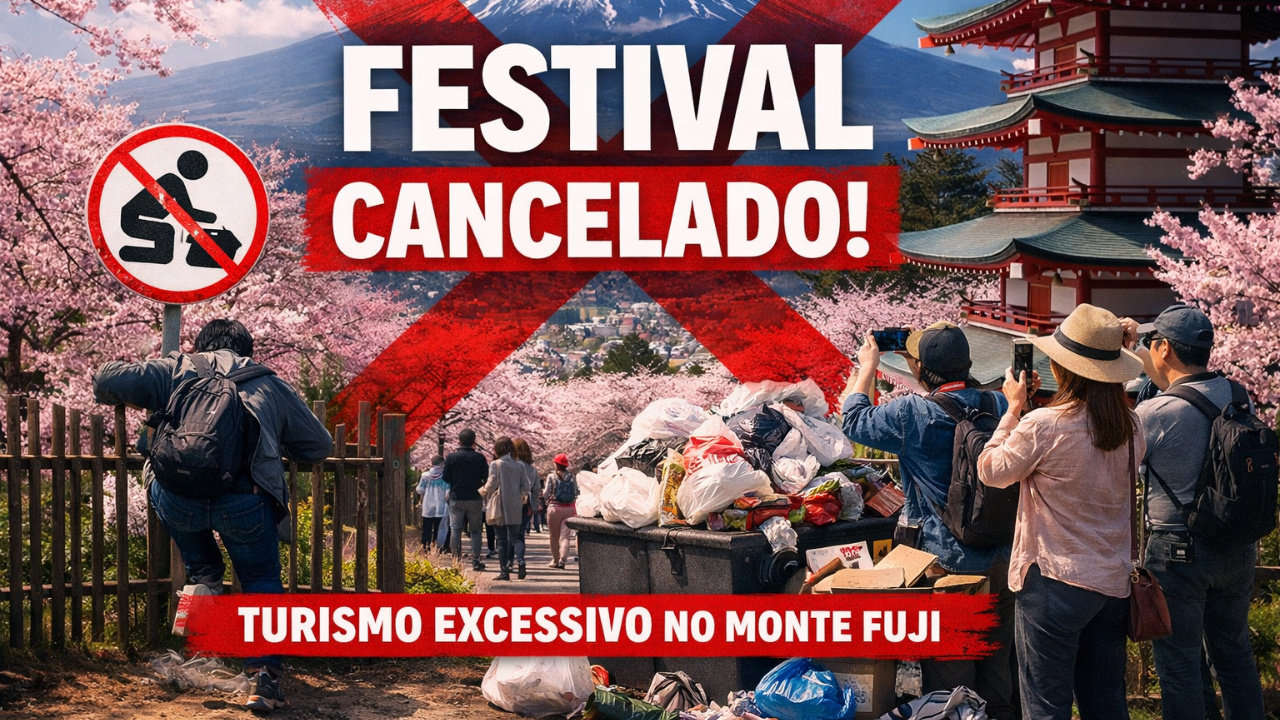 Turismo excessivo leva a festival cancelado de flor de cerejeira no Monte Fuji após denúncias de turistas malcomportados.