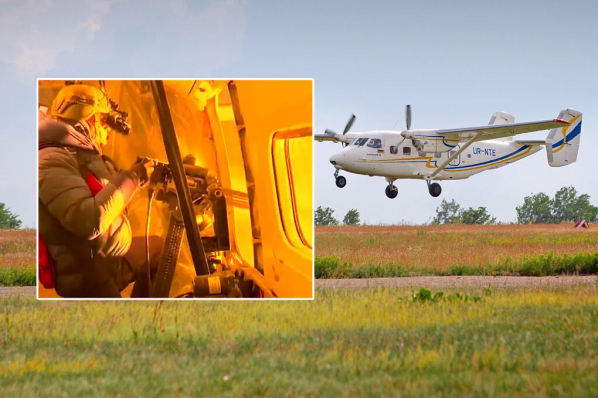 Antonov An-28 vira plataforma da Ucrânia com metralhadora giratória para caçar drones em guerra aérea de baixo custo e alta adaptação tática. (imagem e fonte: aeroin/ Mateus Alves)