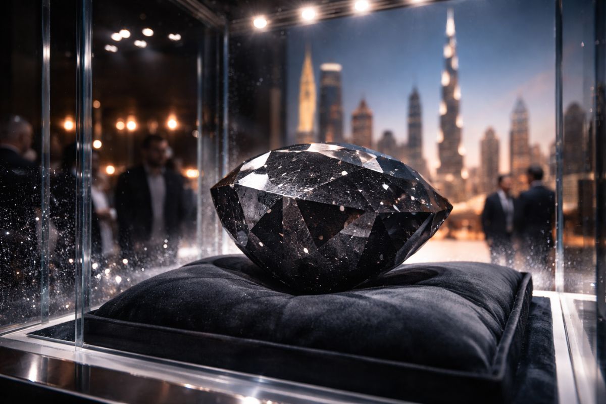 Diamante negro de 555,55 quilates exibido em Dubai segue para leilão em Londres e reacende debate sobre espaço, raridade e indícios físico-químicos que colocam a origem dessa peça no centro de comparações científicas e de mercado.