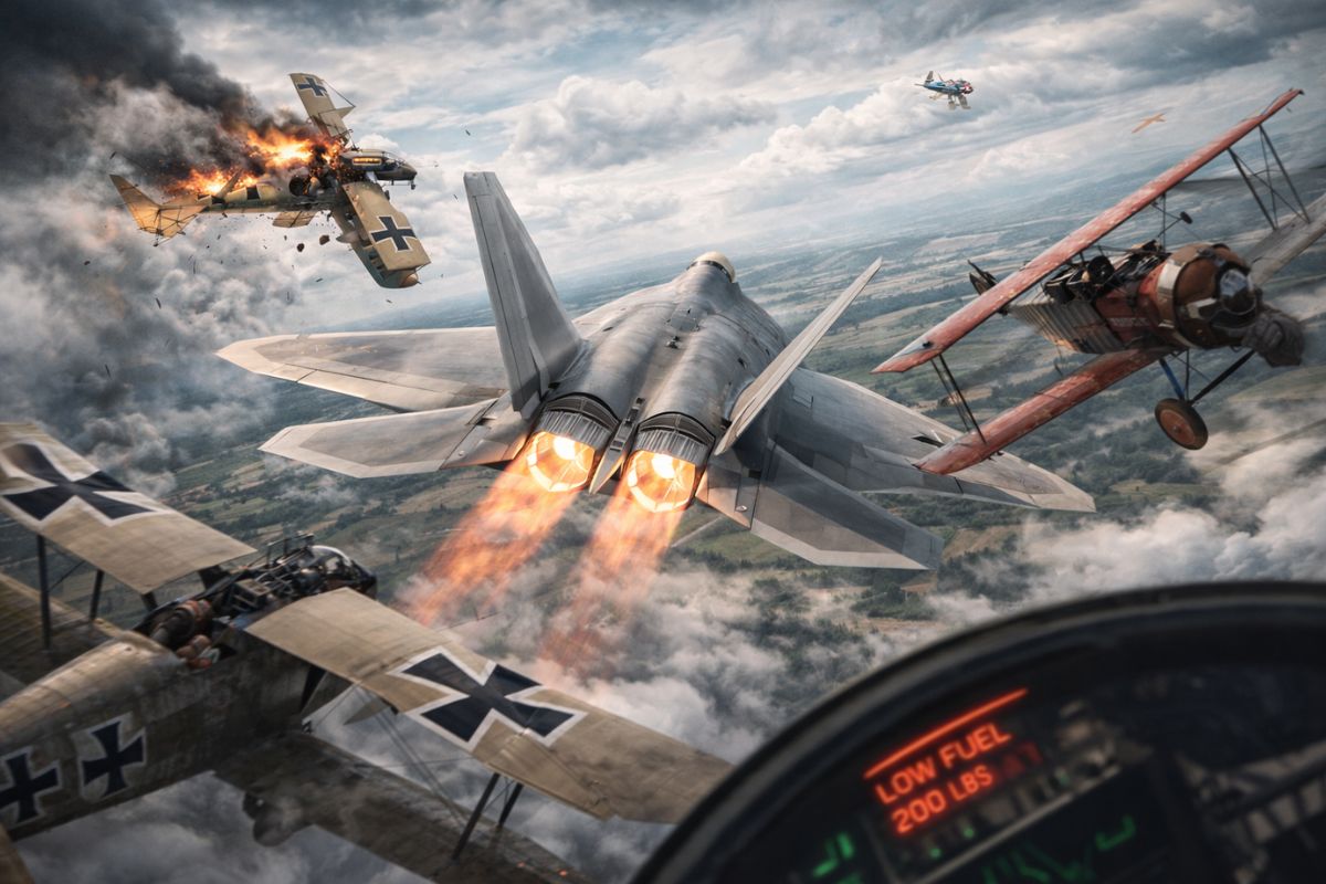 F-22 em 1918: radar garante surpresa, mas combustível, JP8 e manutenção limitam o caos no céu e o pânico nos dogfights.