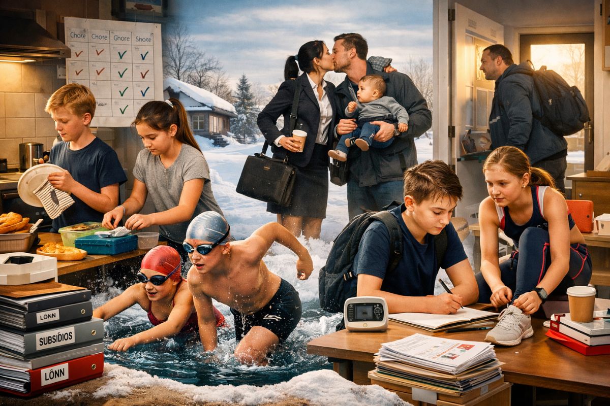 Na Islândia, filhos crescem com igualdade de gênero na prática, apoiados por licença parental e subsídios, entre pré escola, rotina de trabalho e natação no frio.