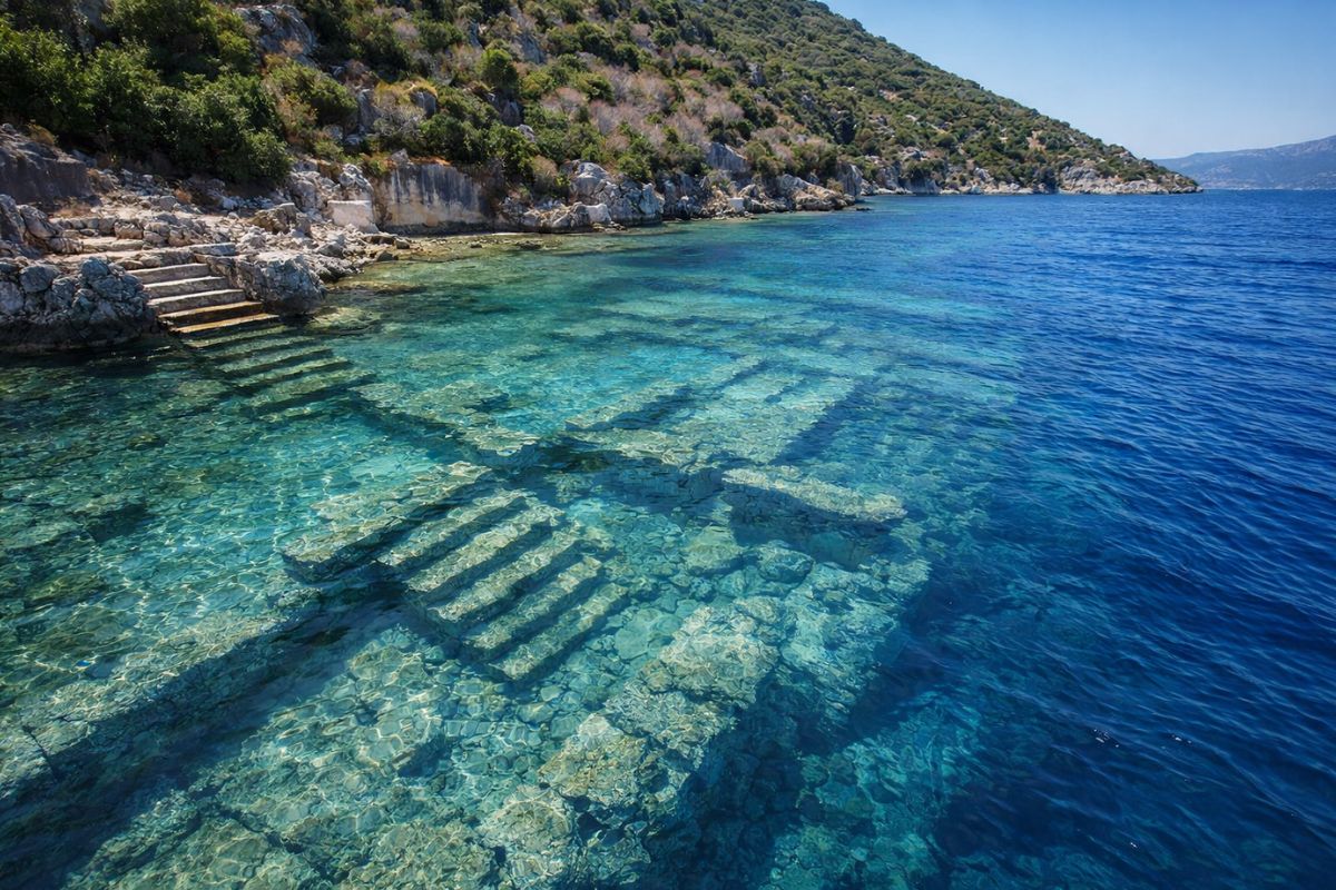 Cidade inteira submersa em Kekova revela ruínas de Dolichiste sob o mar turquesa, preservadas como um dos cenários arqueológicos mais impressionantes do mundo. (fonte: NDMAIS)