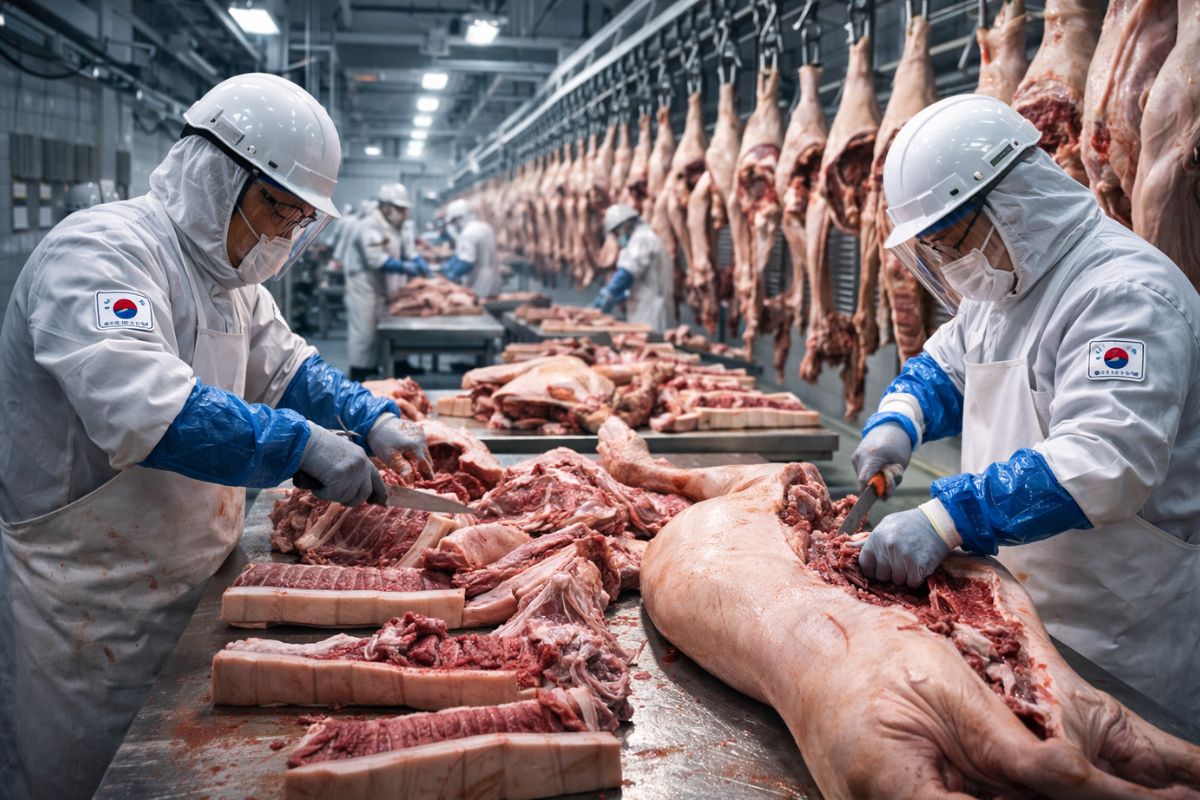 Na fábrica coreana, 2.000 porcos por mês viram cortes com embalagem a vácuo, passam por detector de metais e checagem dupla antes do envio.