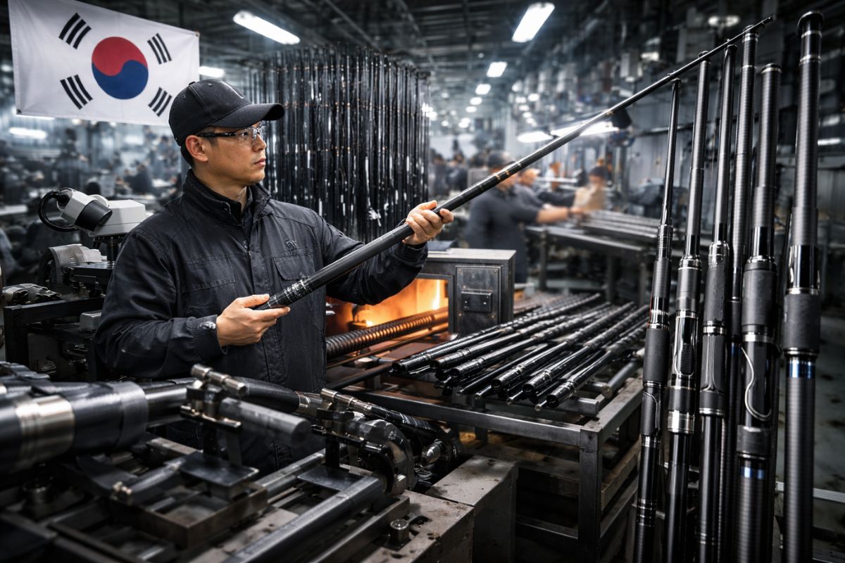 Na fábrica coreana em Incheon, varas de pesca de carbono passam por corte, forno e epóxi; a inspeção final decide se o produto vira padrão ou volta ao retrabalho.