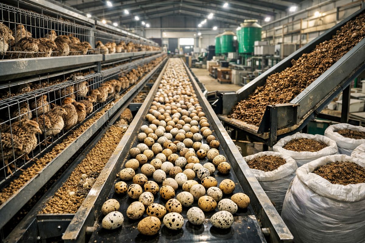 codornas em ciclo fechado: ovos de codorna na esteira transportadora, com ração fermentada e fertilizante orgânico que alimenta horta.