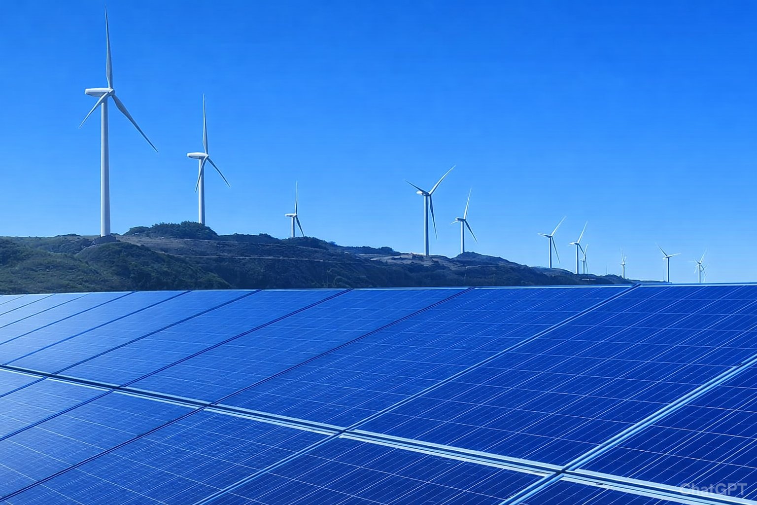 Painéis solares em primeiro plano e turbinas eólicas ao fundo sob céu azul limpo às 14h, representando energia renovável.