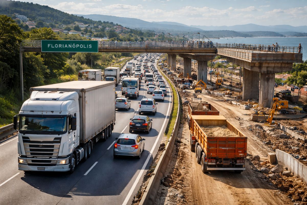Na SC 401 em Florianópolis, veículos pesados acima de 23 toneladas voltam aos horários de pico enquanto obras noturnas seguem com elevados, passarelas e vias marginais, e o motorista sente a diferença no tempo de viagem.