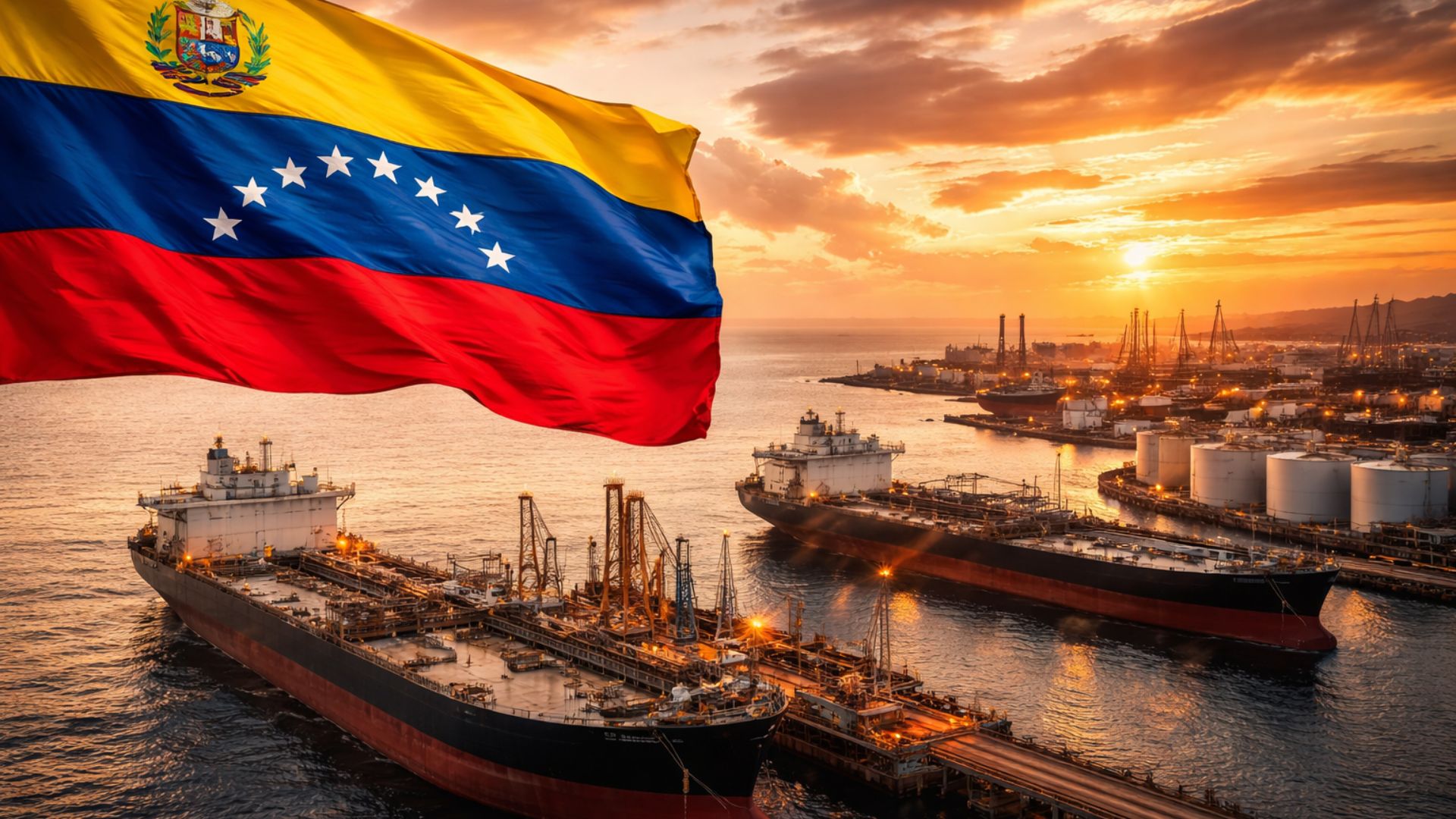 Navios petroleiros atracados em terminal portuário ao pôr do sol com bandeira da Venezuela em destaque e infraestrutura industrial de exportação de petróleo ao fundo.