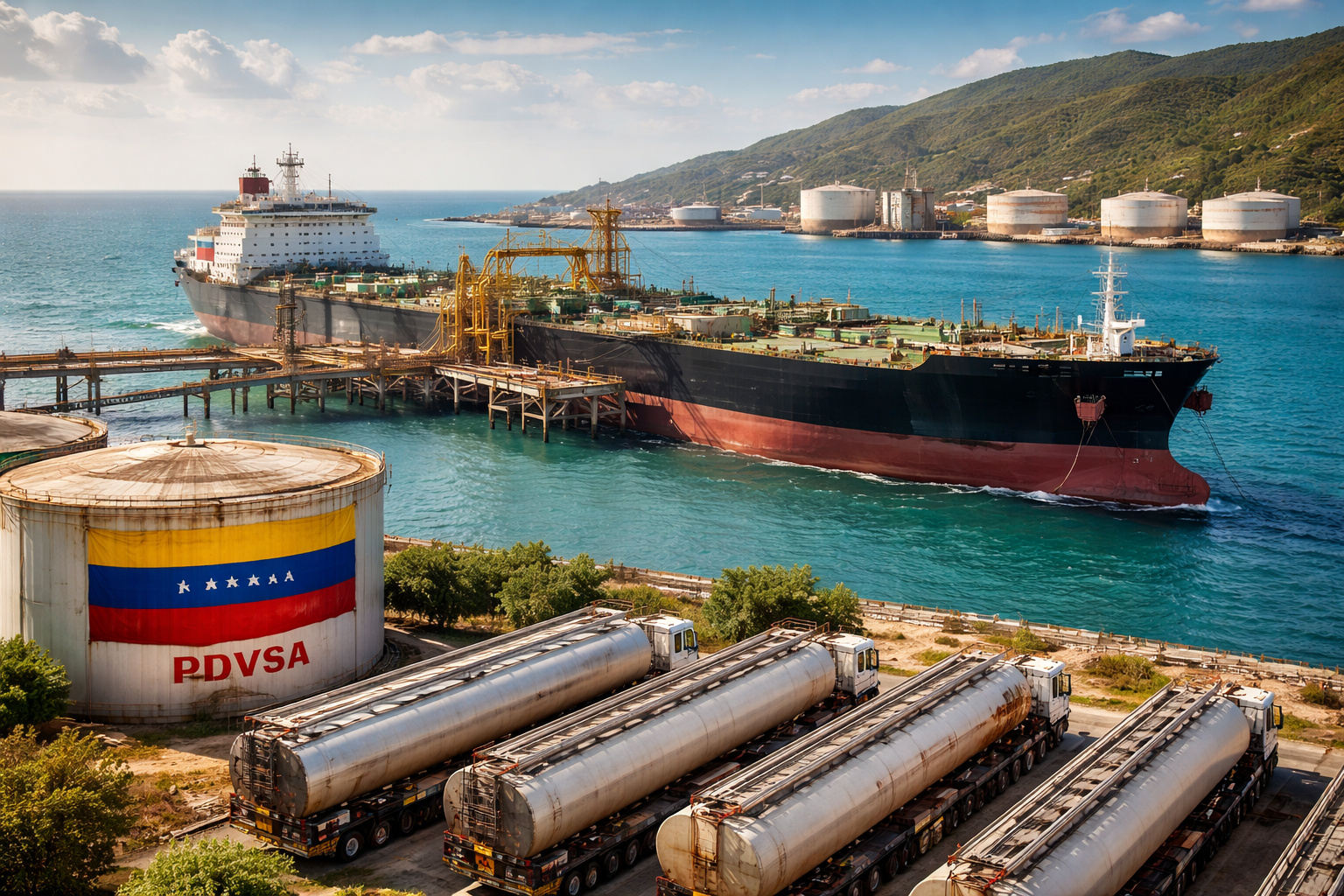 Navio petroleiro de grande porte carregando petróleo em terminal venezuelano, com tanques de armazenamento e caminhões ao fundo, ilustrando aumento das exportações de óleo bruto.