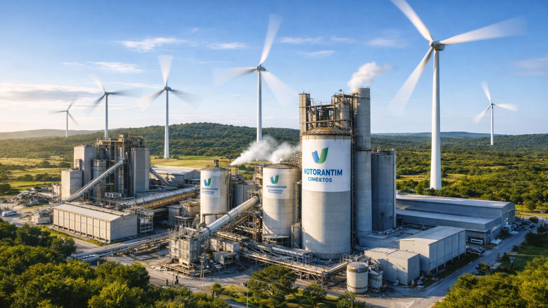 Fábrica da Votorantim Cimentos cercada por turbinas eólicas em operação, com pás em movimento, representando uso de energia renovável nas unidades industriais no Brasil.