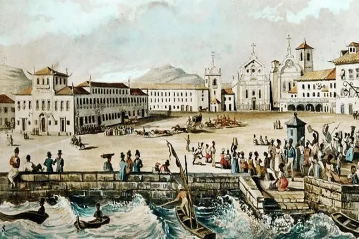 Ilustração histórica do Rio de Janeiro colonial retratando a Revolta da Cachaça em 1660, com porto movimentado, casarões, igreja e população reunida na praça.