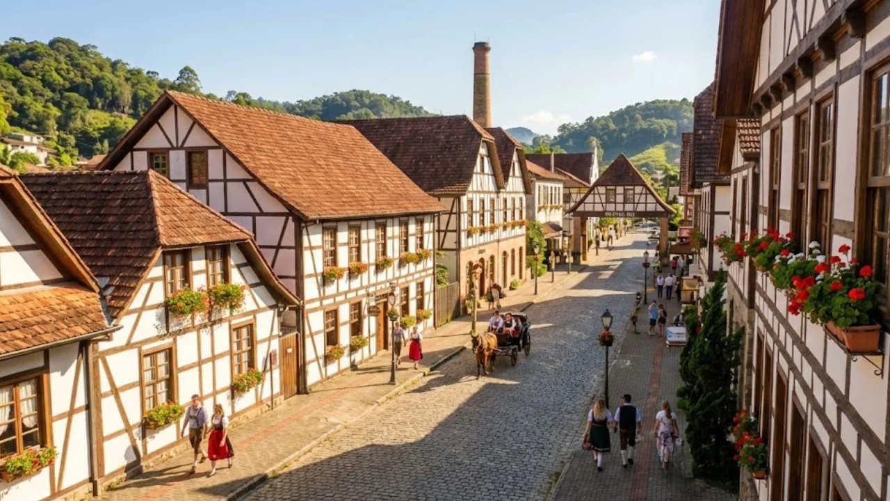 Pomerode (SC) preserva idioma, arquitetura enxaimel e festas como a Osterfest, reforçando a fama de “cidade mais alemã” do Brasil.