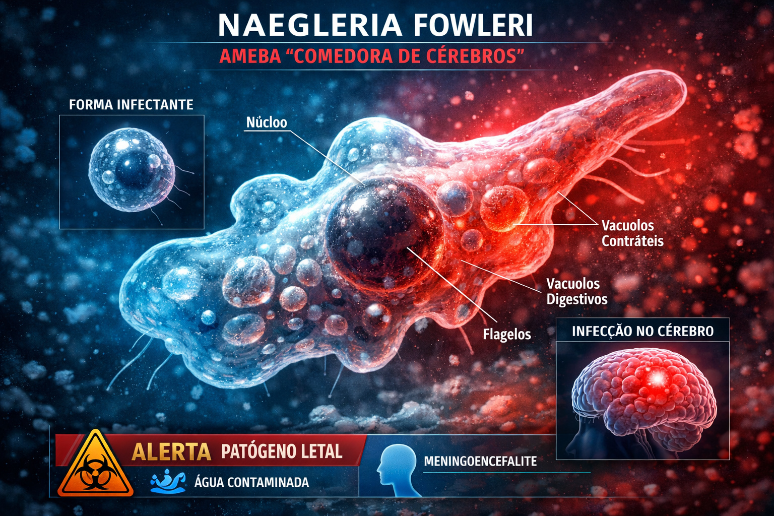 Ameba Naegleria fowleri ampliada em microscópio representando risco à saúde pública