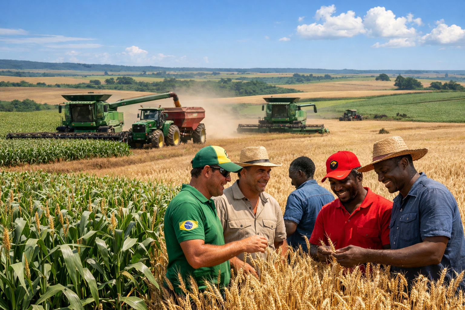 Produtores brasileiros e angolanos em lavoura de grãos durante projeto de expansão agrícola em Angola.