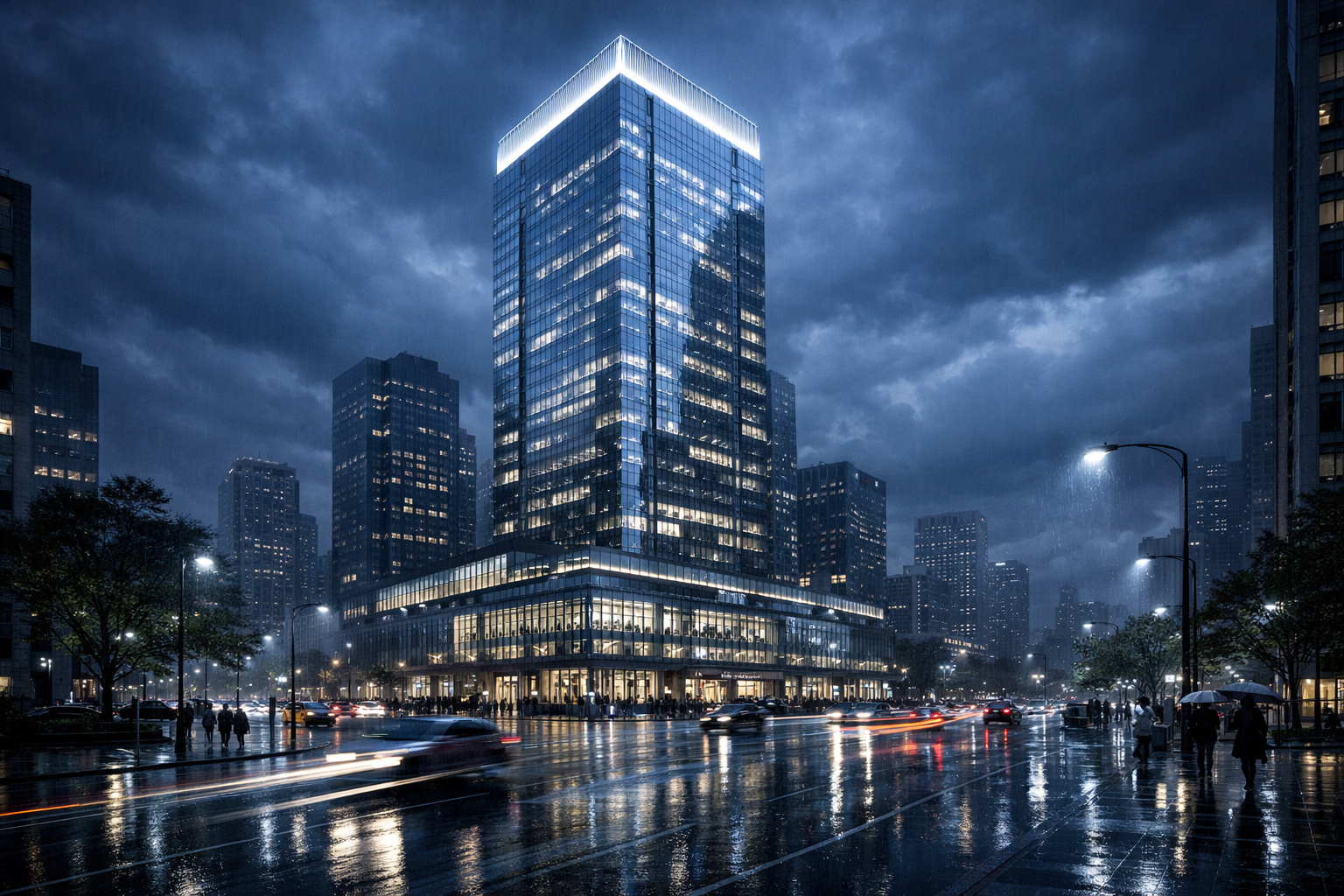 Arranha-céu Symphony Place em Nashville com fachada de vidro, coroa iluminada e integração urbana no distrito de SoBro.