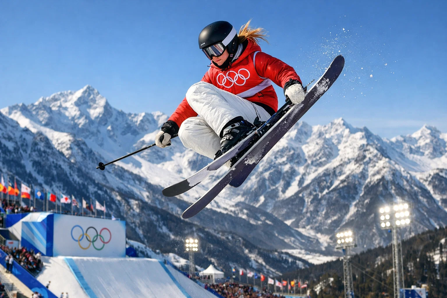 Atleta olímpica de esqui estilo livre executando manobra aérea durante os Jogos Olímpicos de Inverno