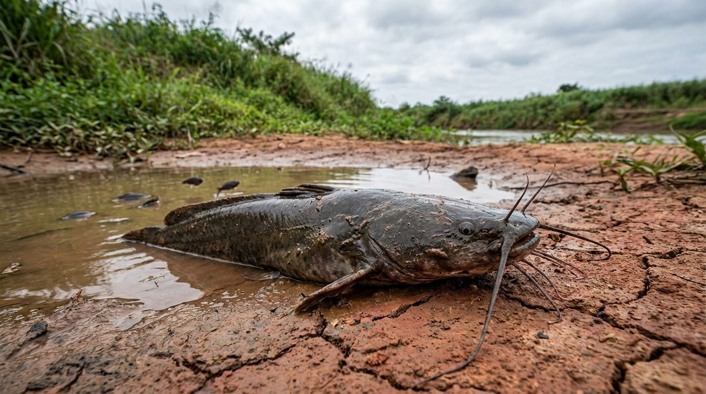 Nem a seca mata esse predador da lama, peixe africano migra por terra, sobrevive períodos fora d’água e pressiona espécies nativas