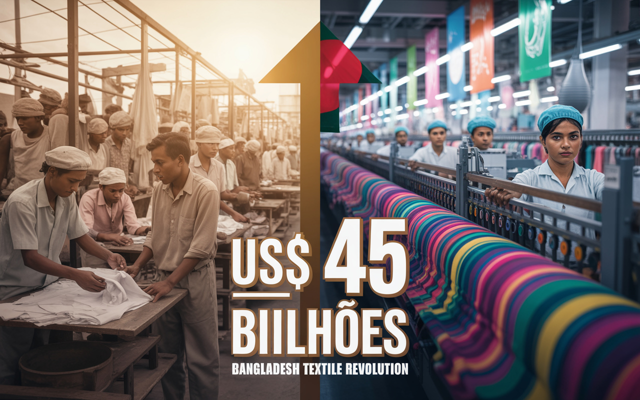 Antes dependente de ajuda internacional, Bangladesh construiu uma 'máquina têxtil' que exporta mais de US$ 45 bilhões por ano, veste marcas globais e sustenta uma das maiores viradas industriais do mundo em desenvolvimento