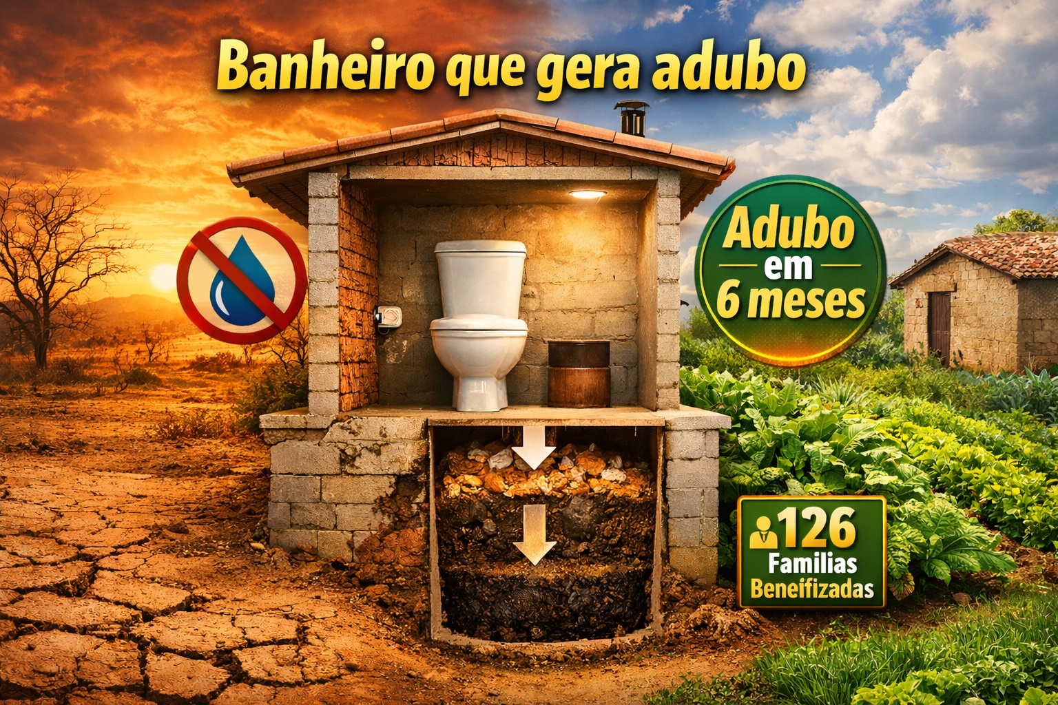 Banheiro que transforma dejetos em adubo em 6 meses resolve problema de esgoto em 126 famílias do sertão: sistema que não usa água, elimina contaminação do solo e gera fertilizante orgânico certificado sem precisar de fossa ou rede pública