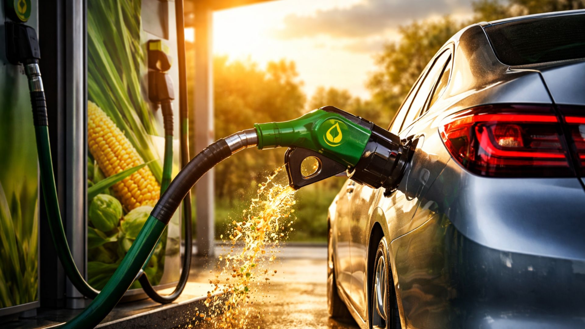 Carro sendo abastecido com biocombustível em posto de combustível com bico verde e elementos agrícolas ao fundo.