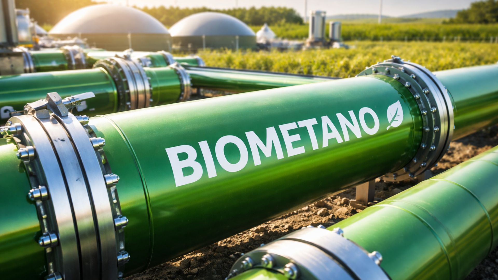 Tubulações verdes de biometano com a palavra “Biometano” impressa em branco, em instalação industrial de energia renovável ao ar livre.