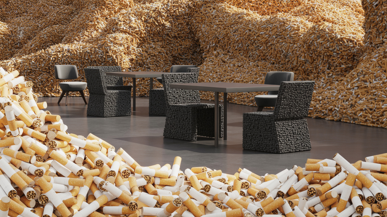 1 milhão de bitucas de cigarro jogadas no chão viram móveis: empresa transforma lixo tóxico que leva 15 anos para decompor em placas para cadeiras e mesas, e cada bituca reciclada evita contaminação de 500 litros de água
