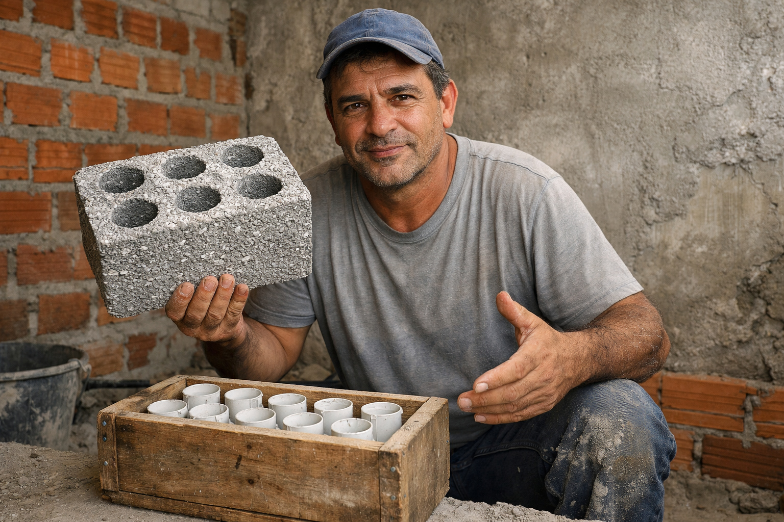 Bloco térmico artesanal feito com cimento e isopor reciclado usado para reduzir o calor em construções simples.