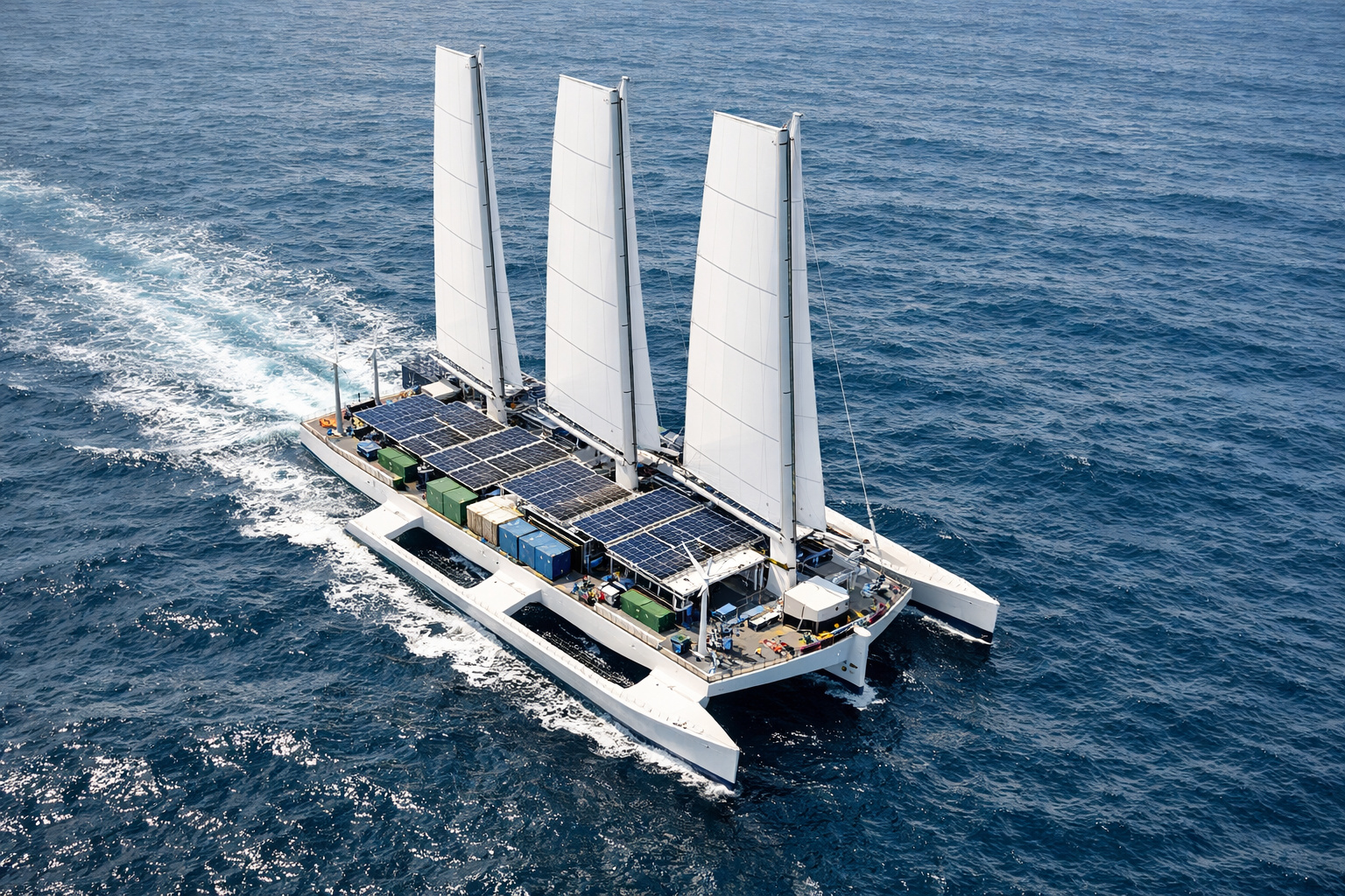 Cargueiro sustentável à vela com painéis solares e geradores hidroelétricos