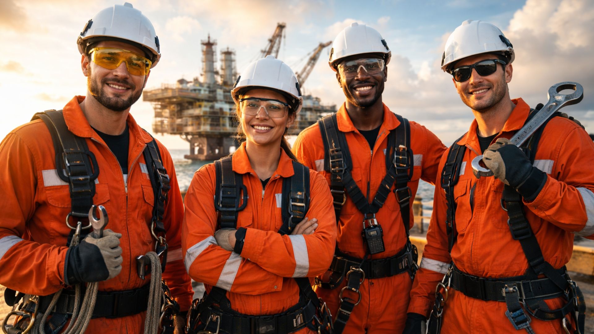 Trabalhadores offshore com macacões laranja e equipamentos de segurança em plataforma de petróleo no mar ao pôr do sol.