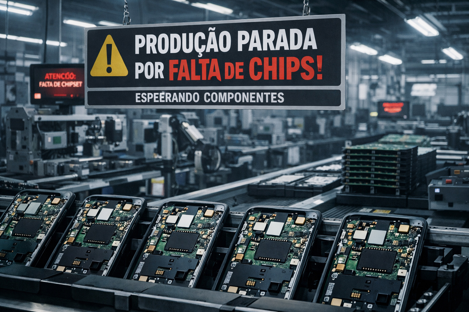 Linha de produção de smartphones afetada pela escassez de chips