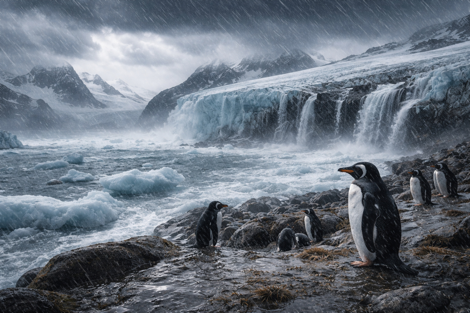 Pinguins em área costeira da Península Antártica sob chuva intensa enquanto geleira ao fundo apresenta derretimento superficial e formação de cascatas de água