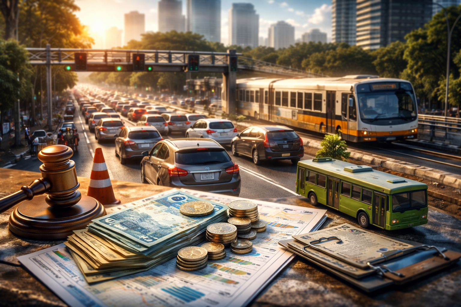 Trânsito intenso em avenida central brasileira com ônibus urbano e grande fluxo de carros durante horário de pico, representando debate sobre imposto do congestionamento e novo marco do transporte público.