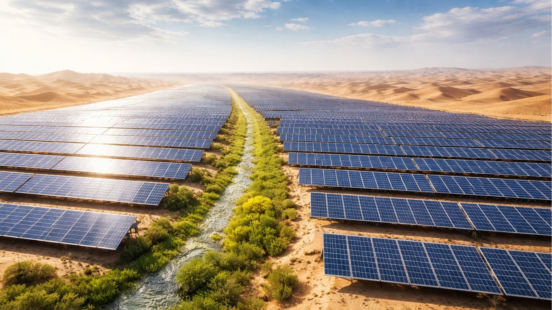 Projeto de 100 GW no deserto eleva umidade do solo em até 20% e reduz temperatura em 10°C com a Grande Muralha Solar.