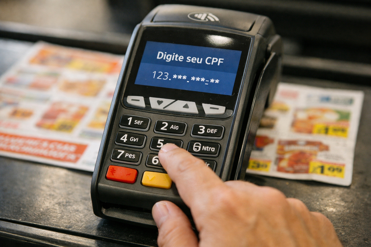 Consumidor informando CPF no caixa de supermercado com elementos visuais de dados e tecnologia em 2026.