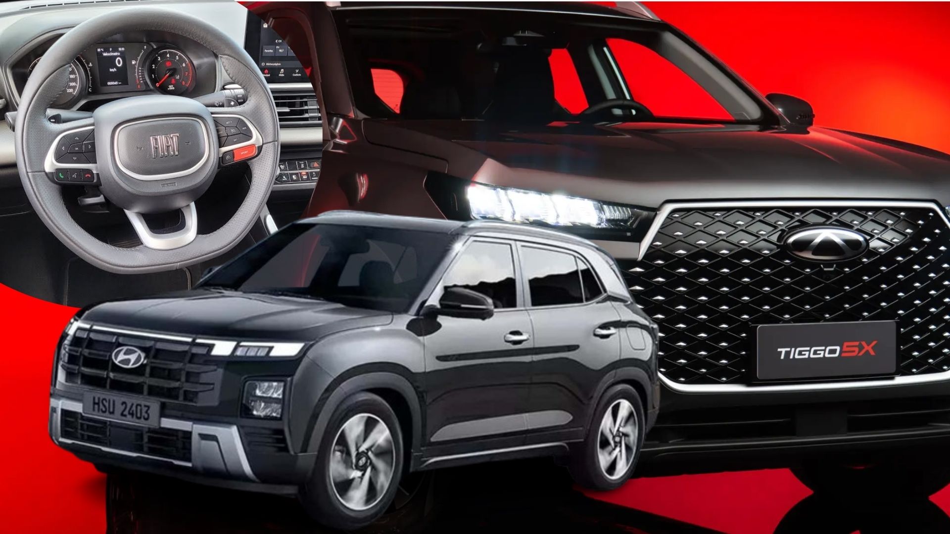 SUVs compactos 2026 lado a lado representando disputa de preços entre Tiggo 5, Fastback e Creta