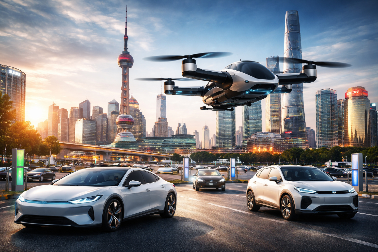 Carros elétricos modernos e veículo voador sobrevoando cidade chinesa com infraestrutura de recarga e arranha-céus ao fundo