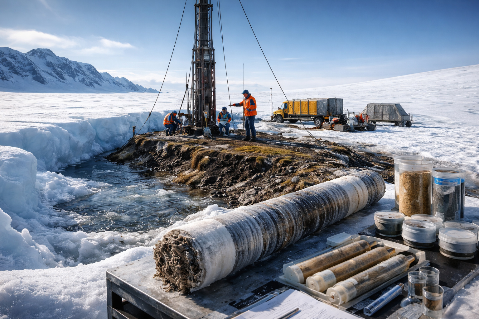 Perfuração científica no domo de gelo da Groenlândia revela sedimentos expostos à luz solar há cerca de 7.100 anos durante pesquisa climática.
