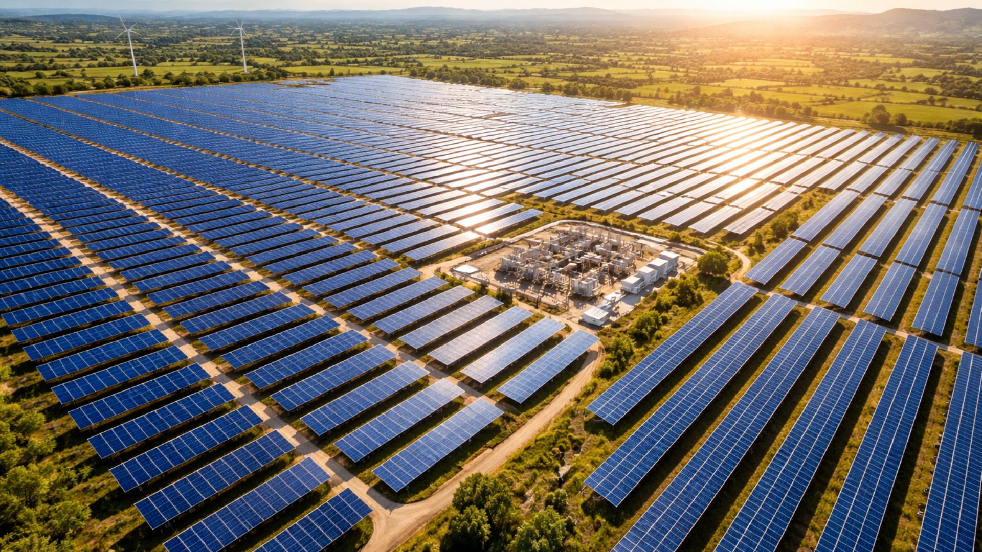 Vista aérea de uma grande usina solar com fileiras de painéis fotovoltaicos instalada em área rural, representando a geração de energia renovável do conjunto Assú Sol.