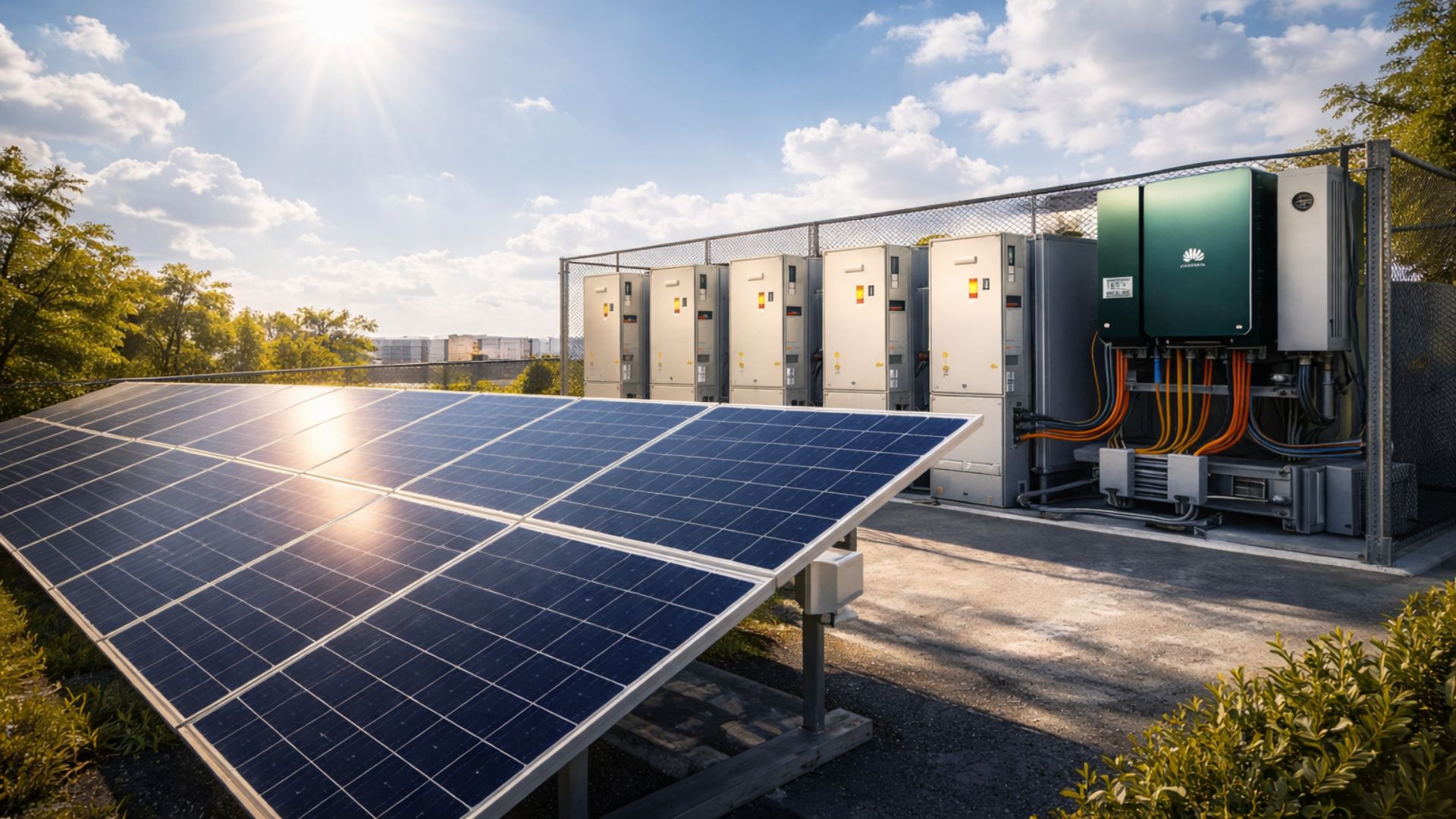 Painéis solares fotovoltaicos instalados em primeiro plano com sistema de baterias BESS ao fundo em ambiente externo ensolarado, representando armazenamento inteligente de energia e eficiência energética.