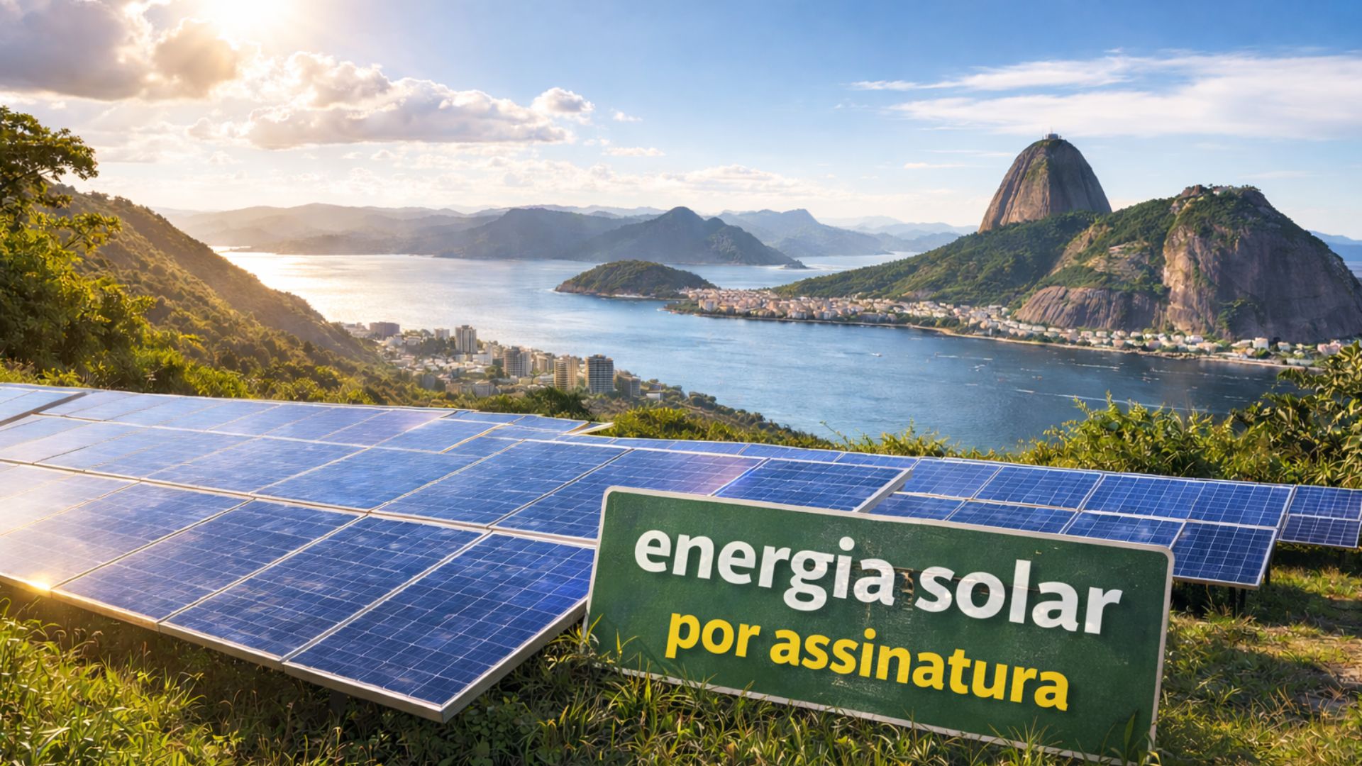 Usina solar com painéis fotovoltaicos em área elevada no Rio de Janeiro, representando o modelo de energia solar por assinatura para redução da conta de luz.