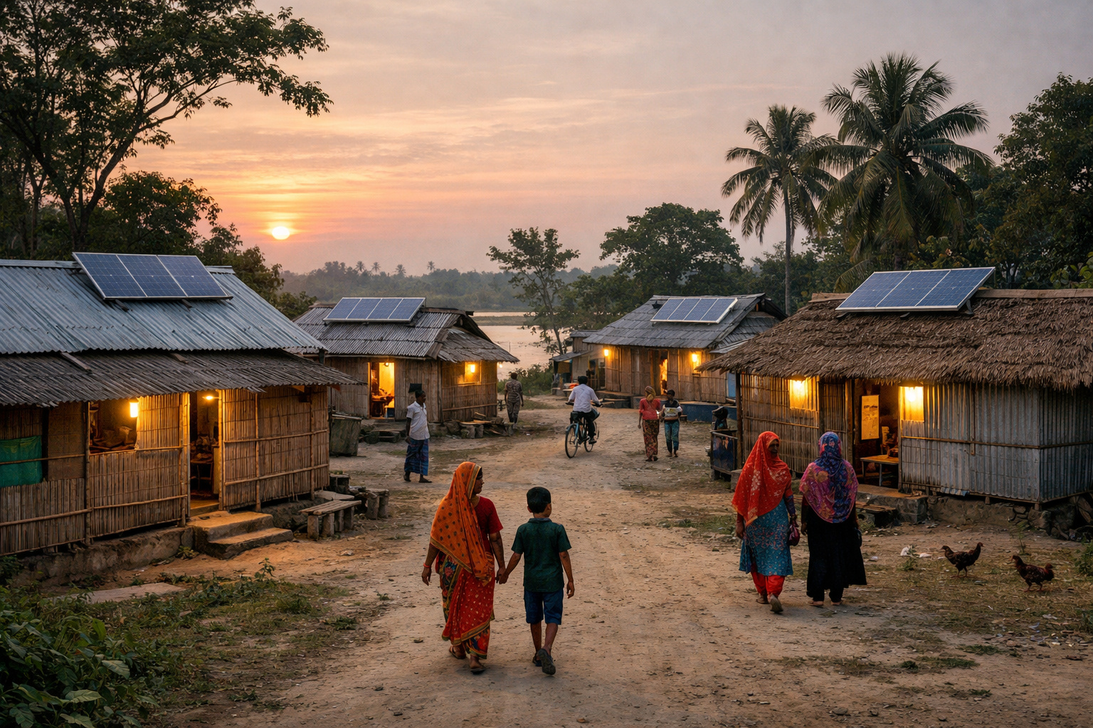 Casas rurais em Bangladesh com sistemas solares domésticos instalados nos telhados.