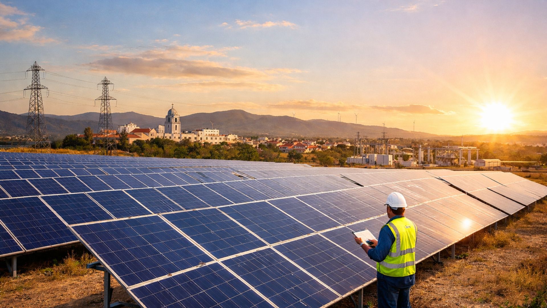 Parque de energia solar com painéis fotovoltaicos e técnico realizando inspeção em usina no interior do Ceará durante o pôr do sol.
