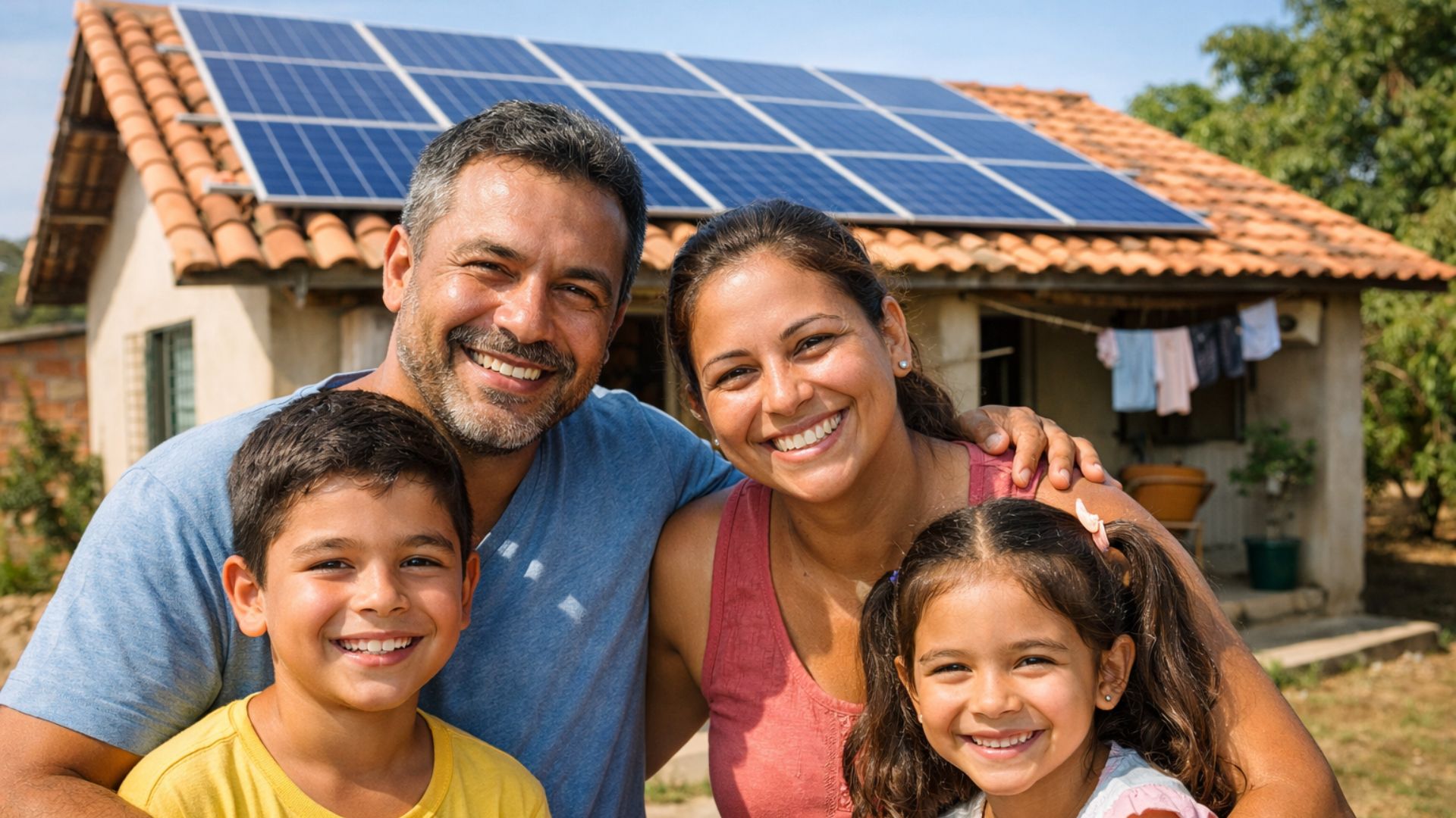 Família brasileira em frente a casa simples com placas de energia solar no telhado após instalação gratuita em Jacareí.