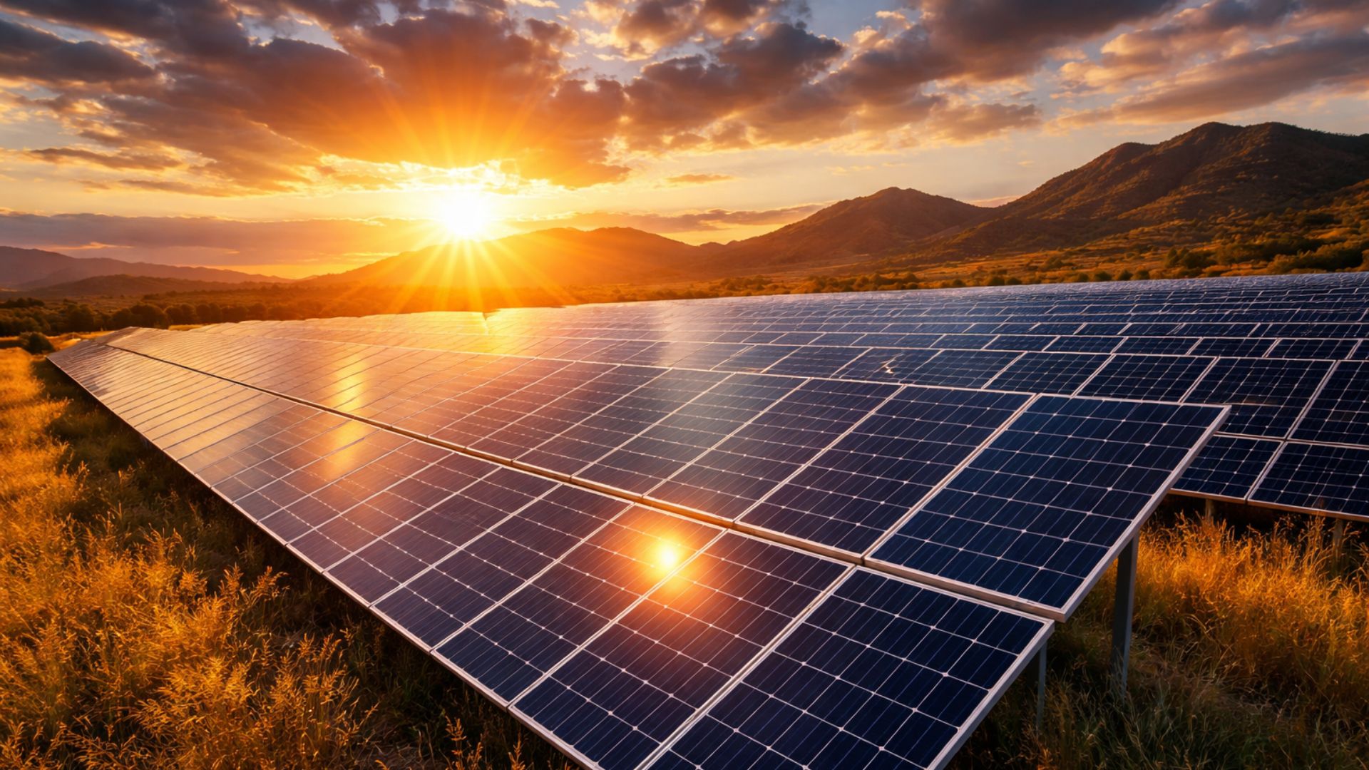 Usina de energia solar com fileiras de painéis fotovoltaicos refletindo a luz do pôr do sol em cenário aberto e montanhoso.