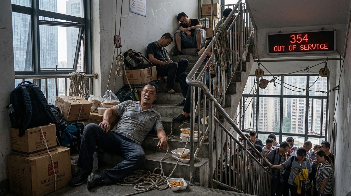 Arranha-céus de Shenzhen travam elevadores e criam uma profissão improvisada, entregadores de entregadores levam comida até os andares mais altos por poucos yuans