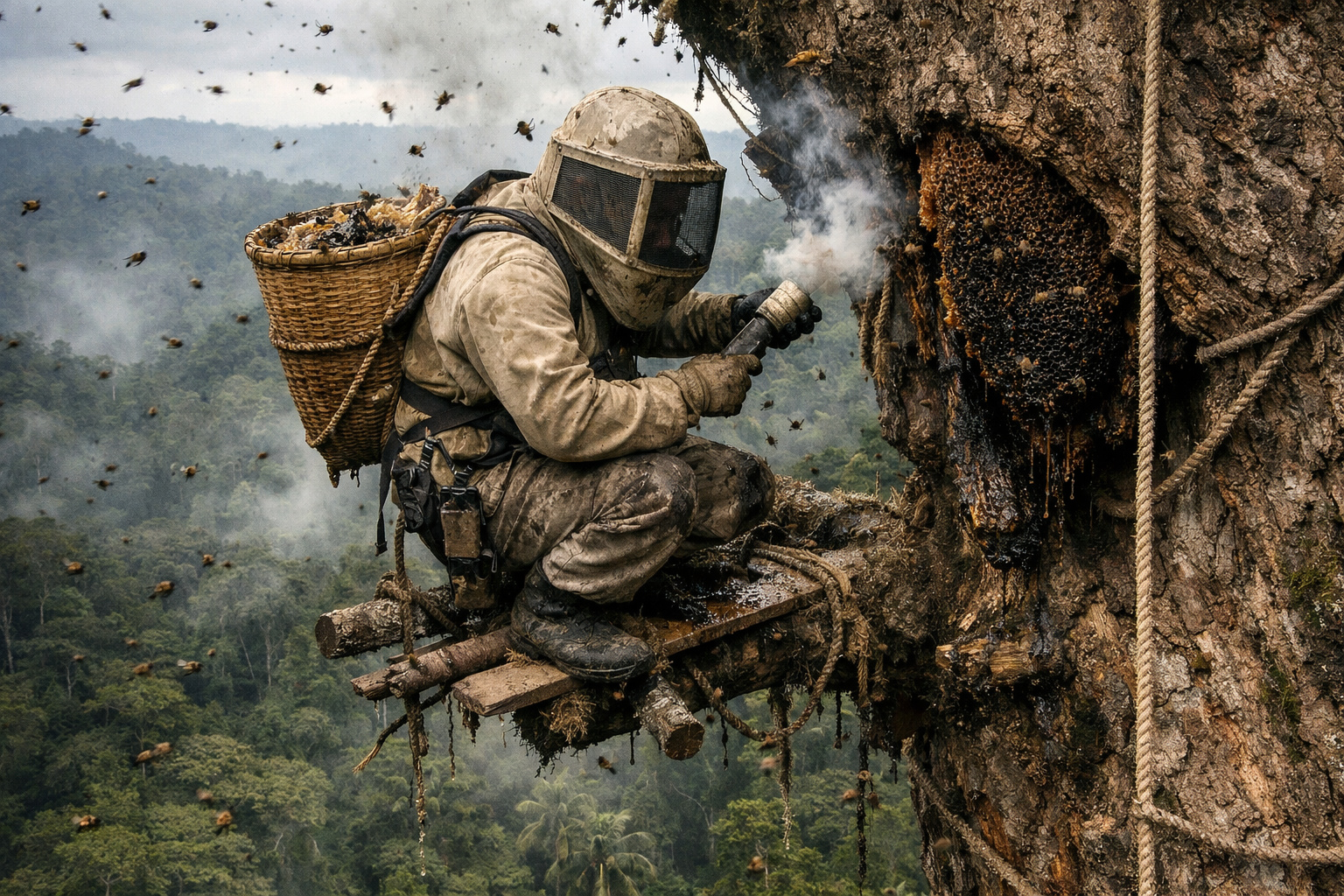 Homem escala árvore gigante para coletar mel selvagem