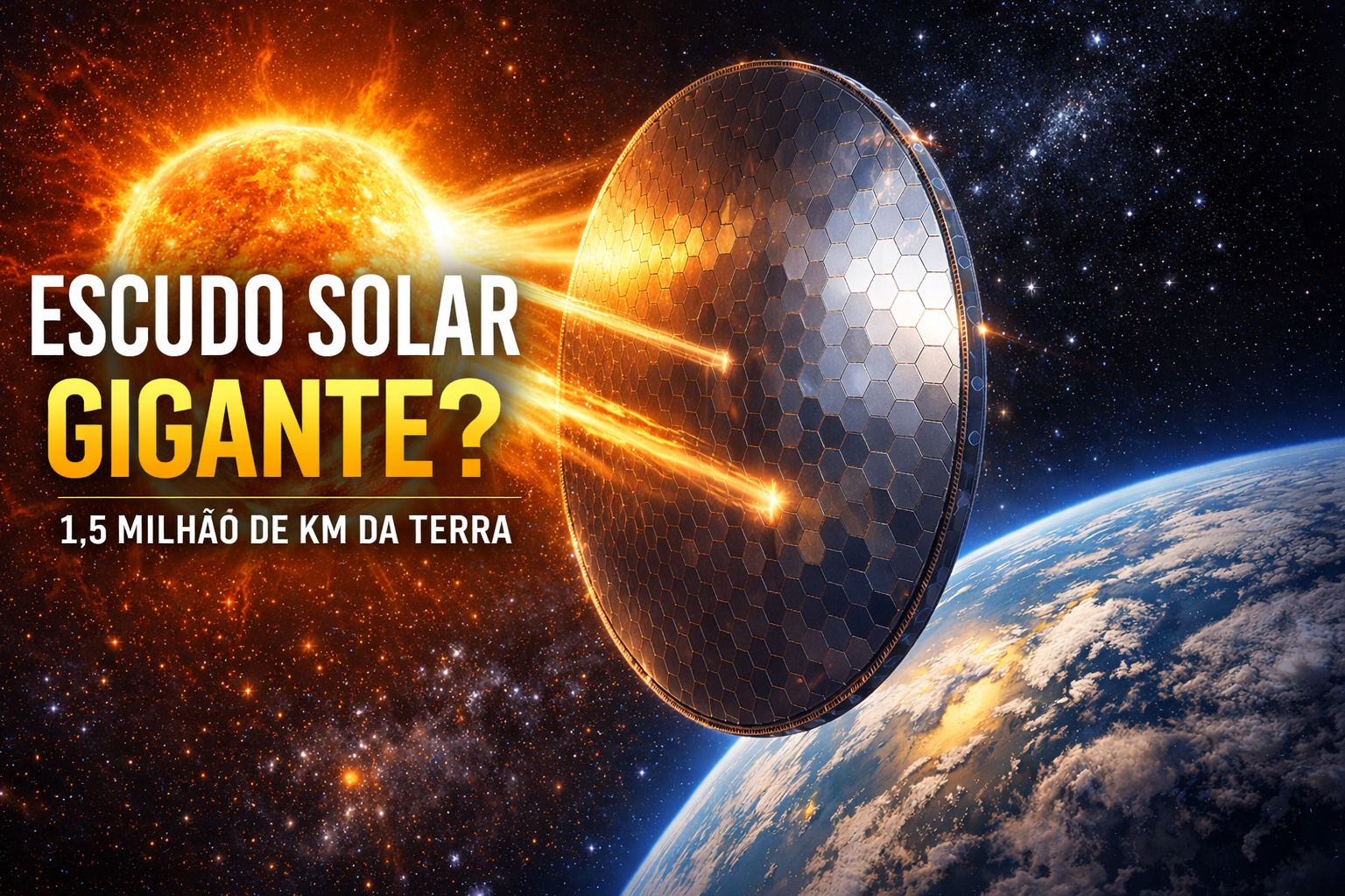 A imaginação destes cientistas não tem limites: pesquisadores propõem instalar um escudo solar gigante no espaço, posicionado a 1,5 milhão de km da Terra, para bloquear parte da radiação do Sol e reduzir o aquecimento global em escala planetária